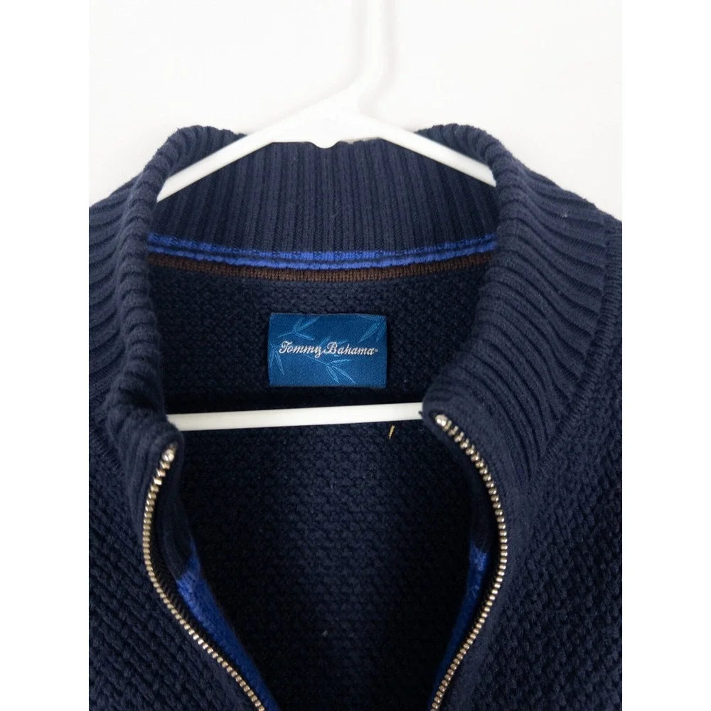 Tommy Bahama Sweater Mens L‎ Blue Knit Heavyweght Fisherman Full Zip Heavyweight